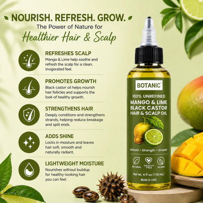 BOTANIC Mango &amp; Lime Black Castor Hair &amp; Scalp Oil – Refreshing Hair Growth Oil – 4 fl oz (118 mL)