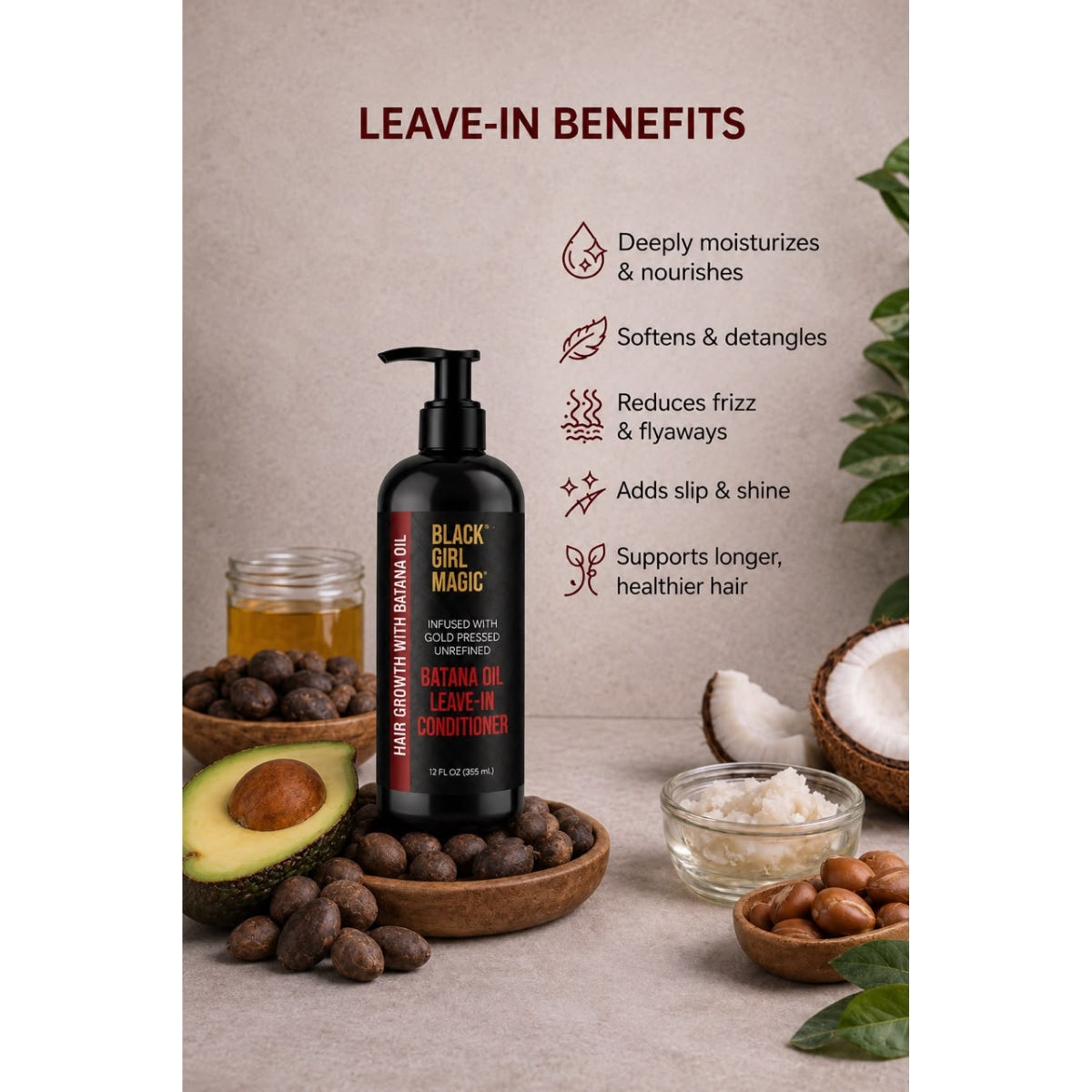 Black Girl Magic infused with gold press, unrefined Batana oil leave in conditioner 12 Oz
