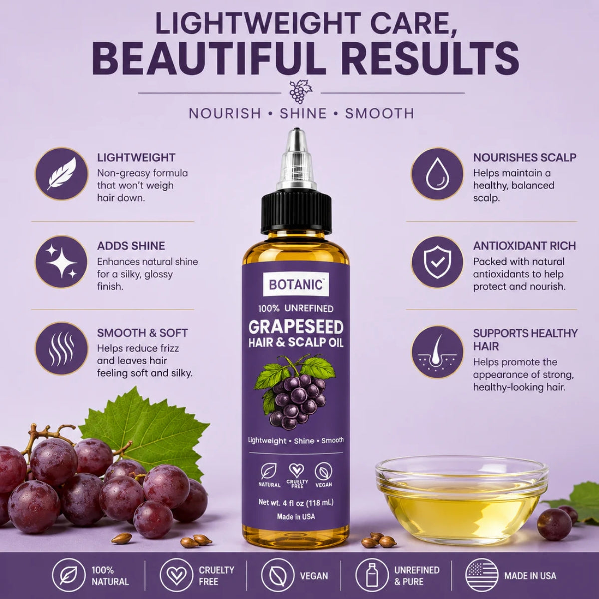 BOTANIC 100% Unrefined Grapeseed Hair &amp; Scalp Oil – Lightweight Shine &amp; Smooth Hair Oil – 4 fl oz (118 mL)