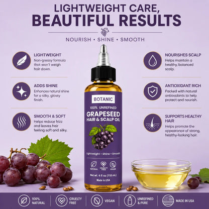 BOTANIC 100% Unrefined Grapeseed Hair &amp; Scalp Oil – Lightweight Shine &amp; Smooth Hair Oil – 4 fl oz (118 mL)