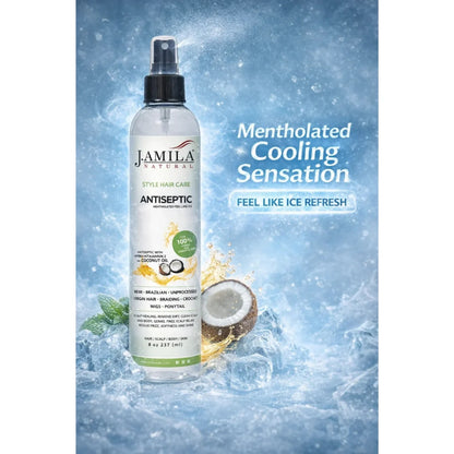 J. Amila Natural Antiseptic Spray with Coconut Oil – Mentholated Scalp Relief, Itch Control &amp; Scalp Detox for Wigs, Braids &amp; Natural Hair (8 oz / 237 ml)