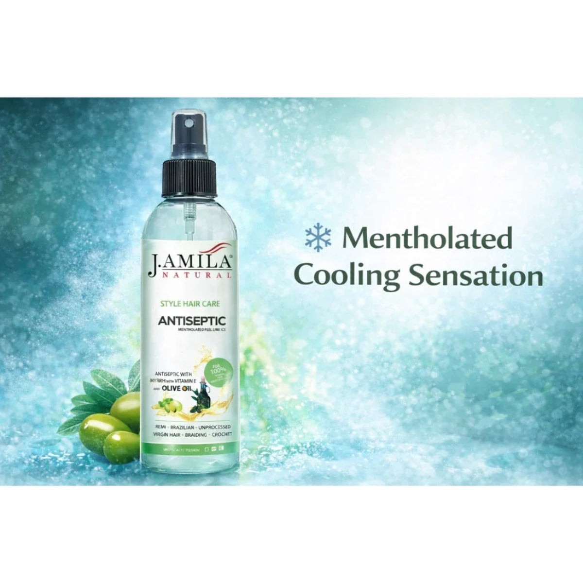 J. Amila Natural Antiseptic Spray with Olive Oil – Mentholated Scalp Relief, Itch Control &amp; Scalp Detox for Wigs, Braids &amp; Natural Hair (8 oz / 237 ml)