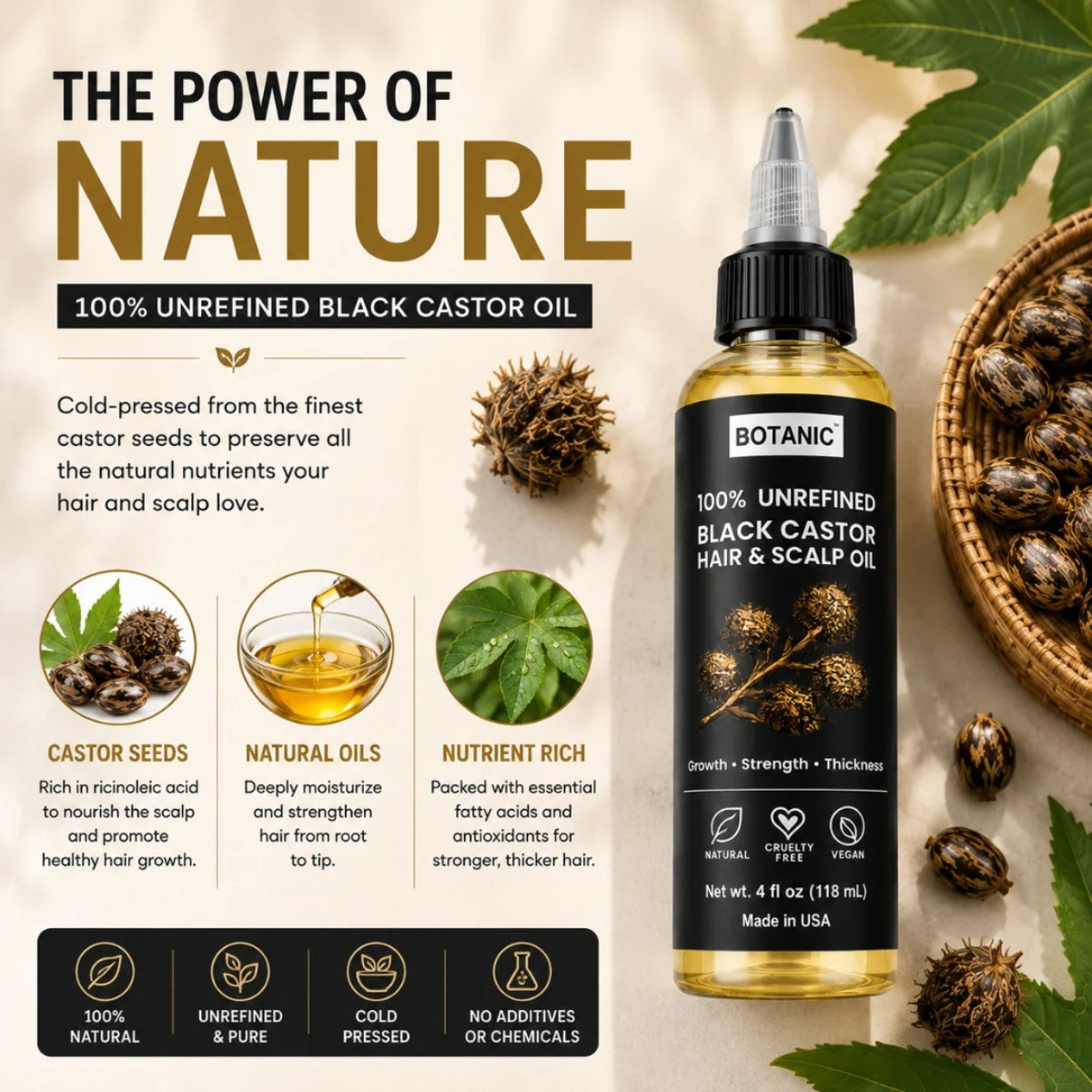 BOTANIC 100% Unrefined Black Castor Hair &amp; Scalp Oil – Hair Growth &amp; Thickness Treatment – 4 fl oz (118 mL)