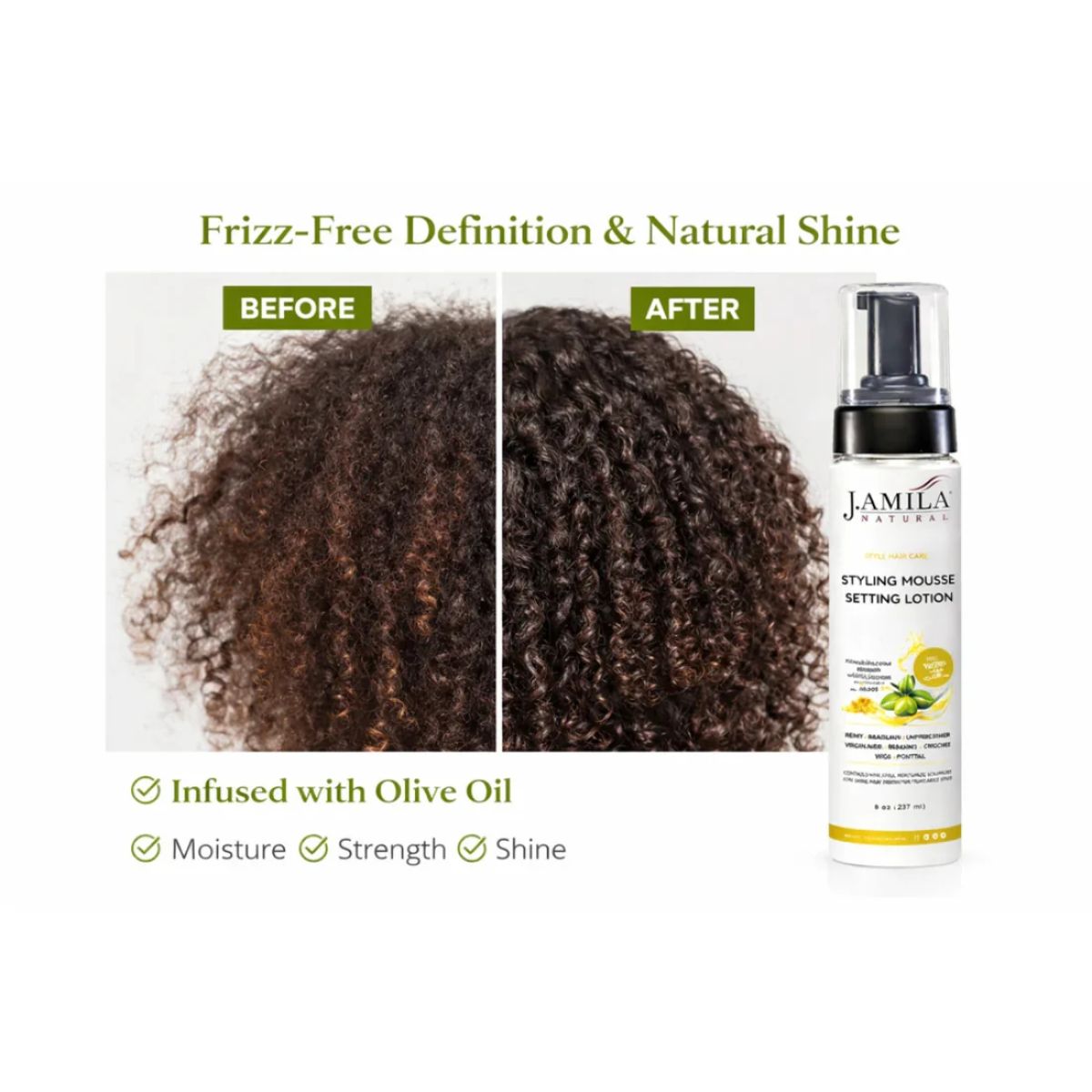 J. Amila Natural Styling Mousse Setting Lotion with Olive Oil – Flexible Hold, Frizz Control &amp; Shine – For Wigs, Weaves &amp; Natural Hair (8 oz / 237 ml)