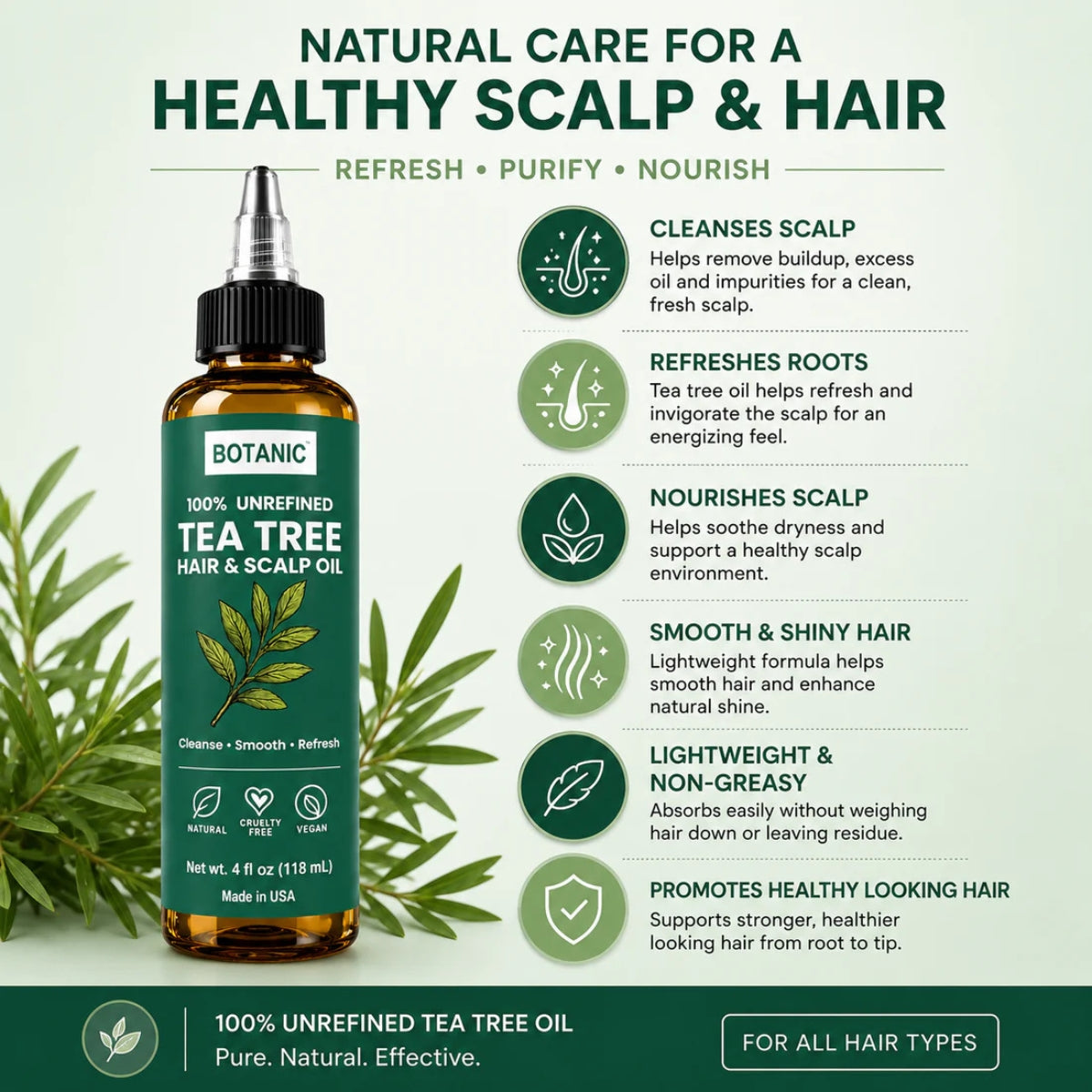 BOTANIC 100% Unrefined Tea Tree Hair &amp; Scalp Oil – Scalp Cleansing &amp; Refreshing Hair Treatment – 4 fl oz (118 mL)