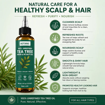 BOTANIC 100% Unrefined Tea Tree Hair &amp; Scalp Oil – Scalp Cleansing &amp; Refreshing Hair Treatment – 4 fl oz (118 mL)