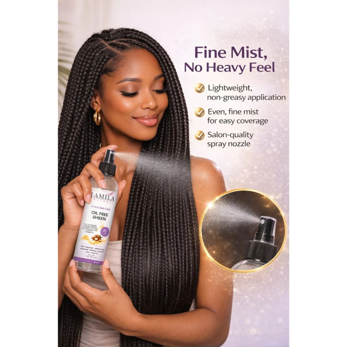 J. AMILA Natural Oil Free Sheen Spray with Vitamin E &amp; Argan Oil – Lightweight Shine, Heat &amp; UV Protection for Wigs, Braids &amp; Natural Hair 8 oz 237 ml