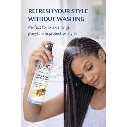 J. AMILA Natural Cool Scalp Refresher with Menthol, Myrrh, Vitamin E &amp; Argan Oil – Cooling Scalp Spray for Braids, Wigs, Natural &amp; Synthetic Hair (8 oz)