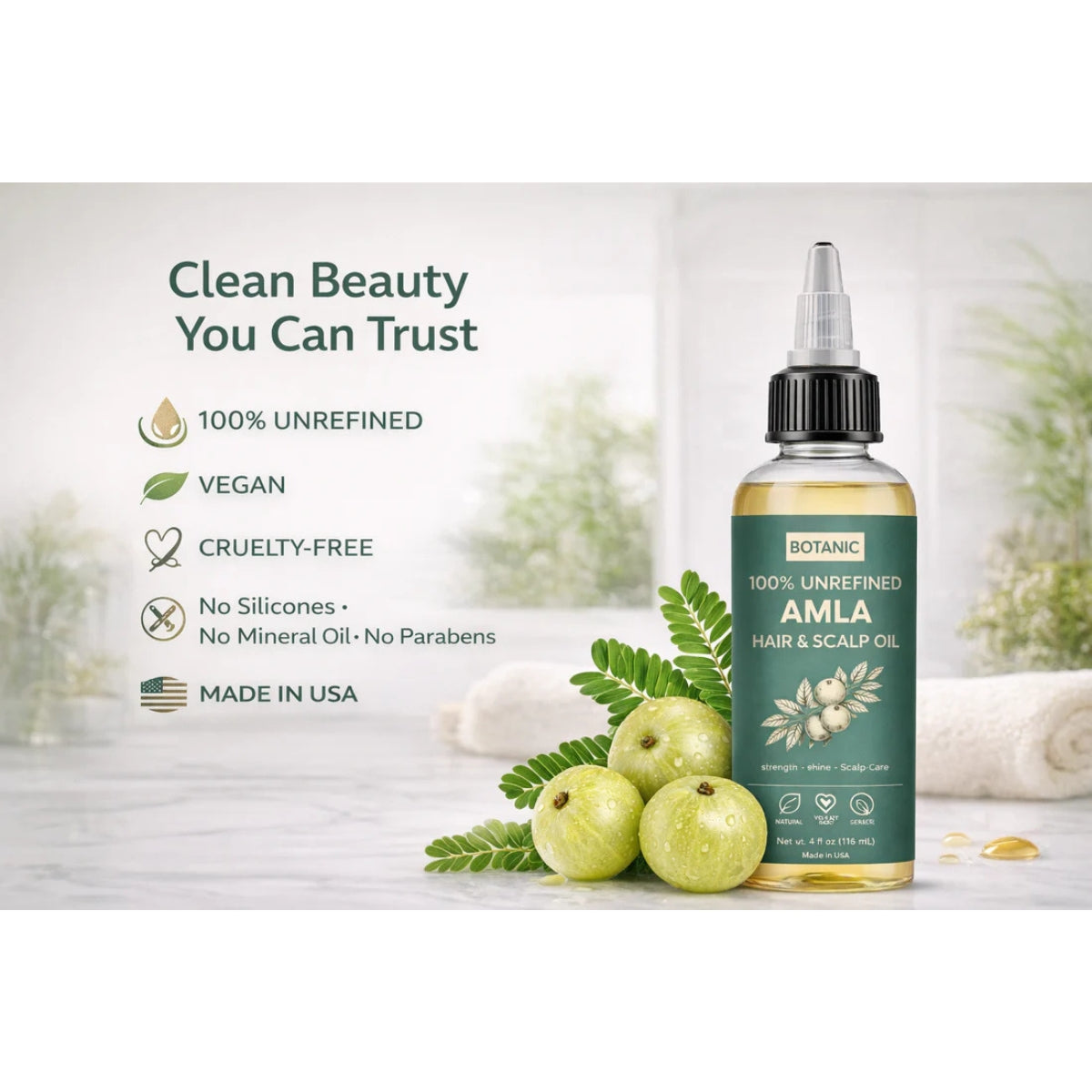 100% Unrefined Amla Hair &amp; Scalp Oil – Natural Growth, Shine &amp; Strength | Vegan, Cruelty-Free 4 fl oz (118 mL)