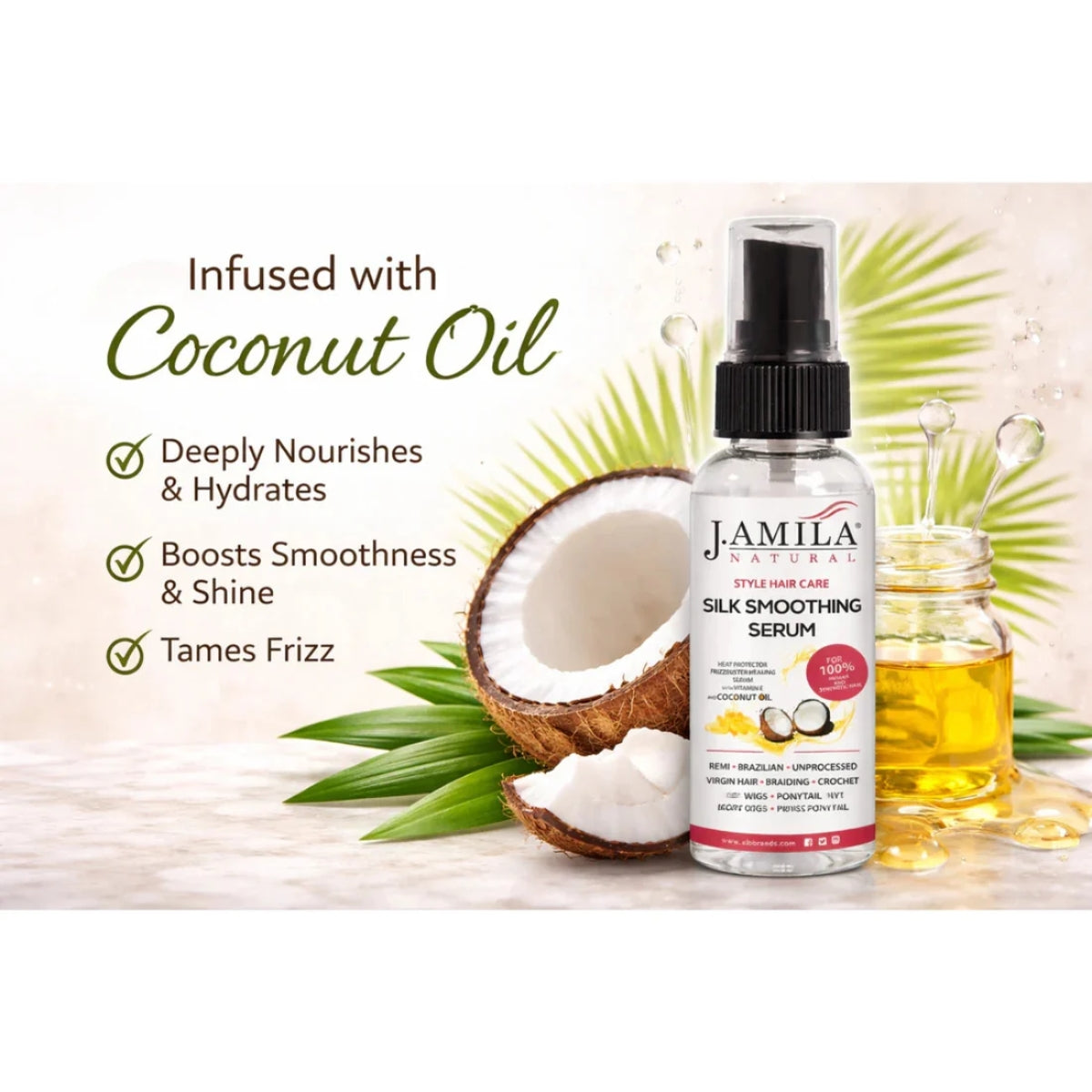 J. Amila Natural Silk Smoothing Serum with cocnut Oil – Heat Protectant, Frizz Control &amp; High Gloss Shine for Natural Hair, Wigs &amp; Extensions (2 oz / 59.2 ml)