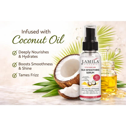 J. Amila Natural Silk Smoothing Serum with cocnut Oil – Heat Protectant, Frizz Control &amp; High Gloss Shine for Natural Hair, Wigs &amp; Extensions (2 oz / 59.2 ml)