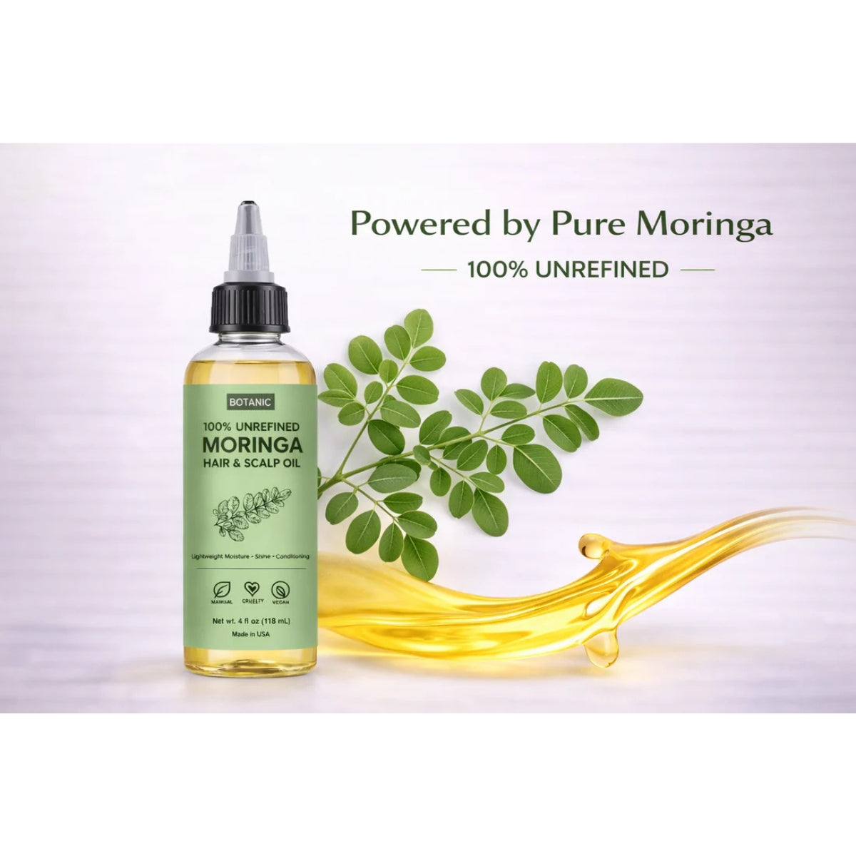 100% Unrefined Moringa Hair &amp; Scalp Oil Lightweight Moisture, Shine &amp; Conditioning | Vegan, Cruelty-Free 4 fl oz (118 mL)