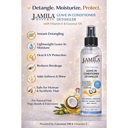 J. AMILA Natural Leave-In Conditioner &amp; Detangler with Vitamin E &amp; Coconut Oil – Heat &amp; UV Protection for Natural, Wigs, Braids &amp; Synthetic Hair (8 oz)