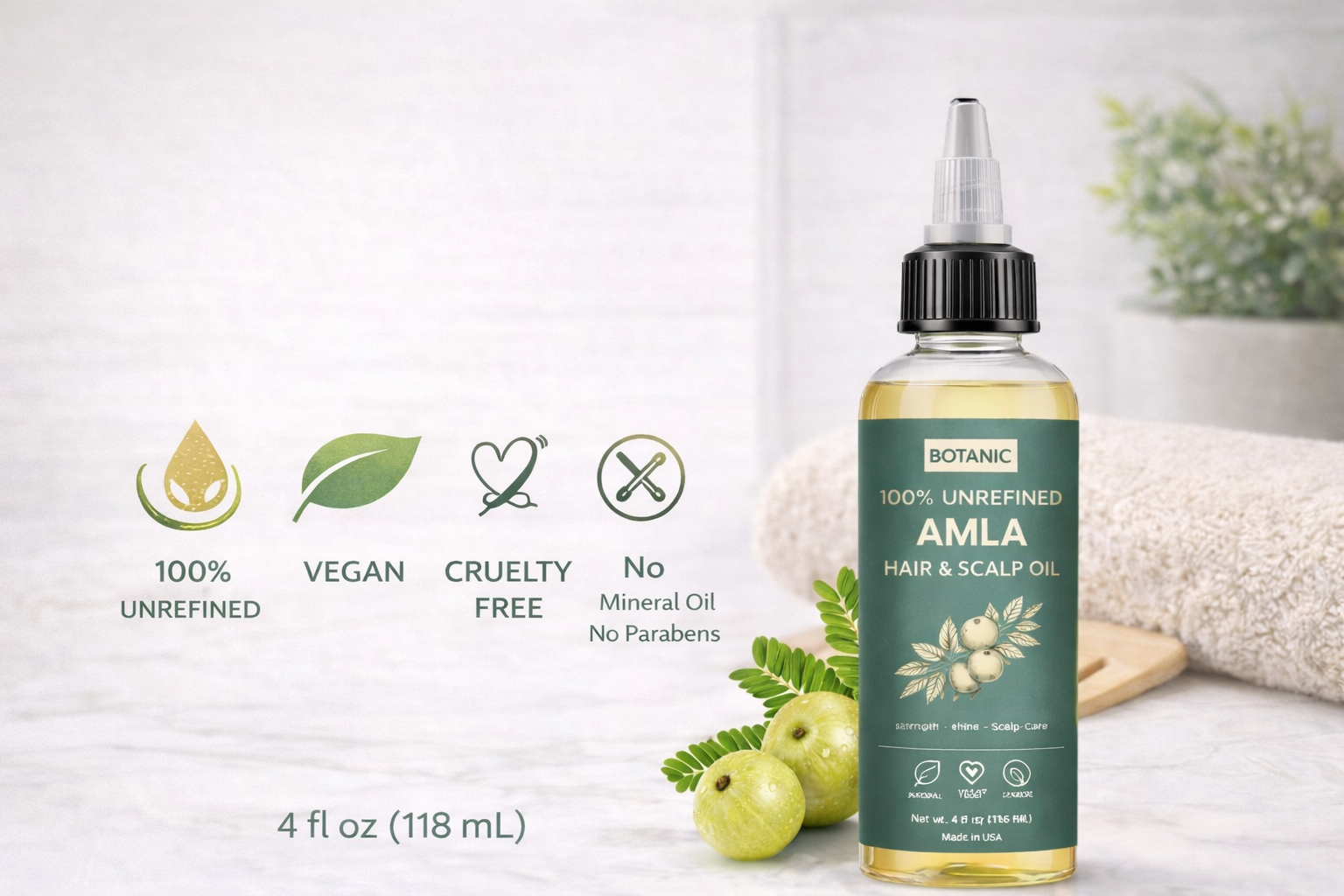 100% Unrefined Amla Hair &amp; Scalp Oil – Natural Growth, Shine &amp; Strength | Vegan, Cruelty-Free 4 fl oz (118 mL)