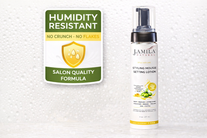 J. Amila Natural Styling Mousse Setting Lotion with Olive Oil – Flexible Hold, Frizz Control &amp; Shine – For Wigs, Weaves &amp; Natural Hair (8 oz / 237 ml)