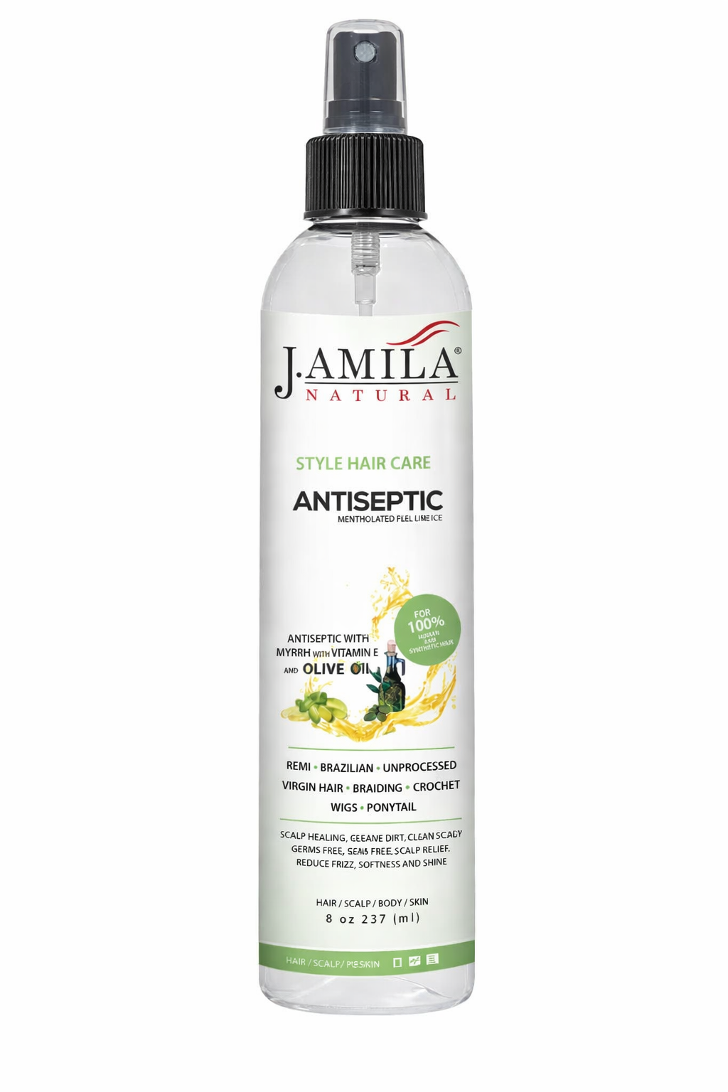 J. Amila Natural Antiseptic Spray with Olive Oil – Mentholated Scalp Relief, Itch Control &amp; Scalp Detox for Wigs, Braids &amp; Natural Hair (8 oz / 237 ml)