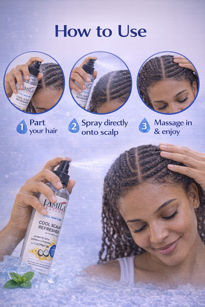 J. AMILA Natural Cool Scalp Refresher with Menthol, Myrrh, Vitamin E &amp; Coconut Oil – Cooling Scalp Spray for Braids, Wigs, Natural &amp; Synthetic Hair (8 oz)