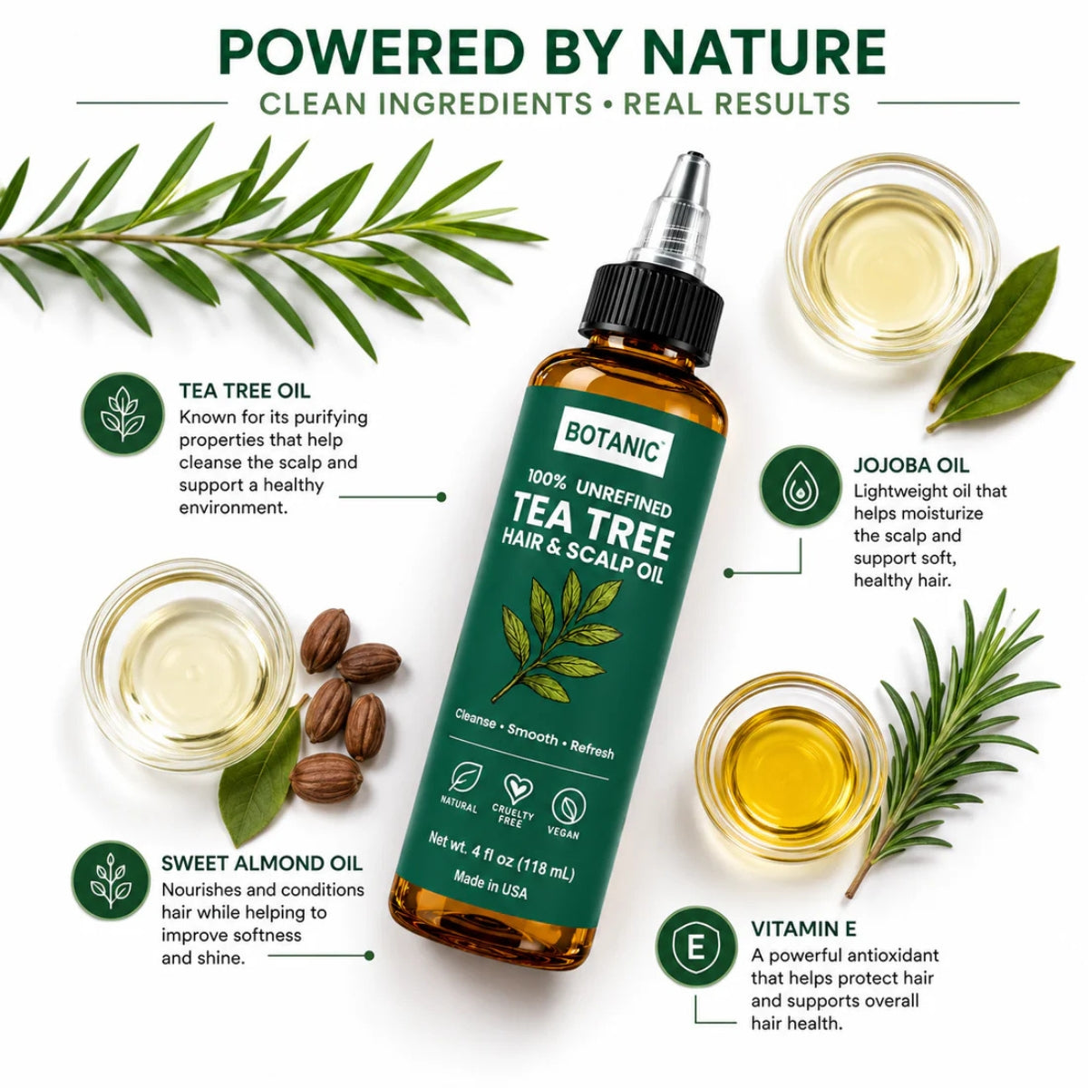 BOTANIC 100% Unrefined Tea Tree Hair &amp; Scalp Oil – Scalp Cleansing &amp; Refreshing Hair Treatment – 4 fl oz (118 mL)