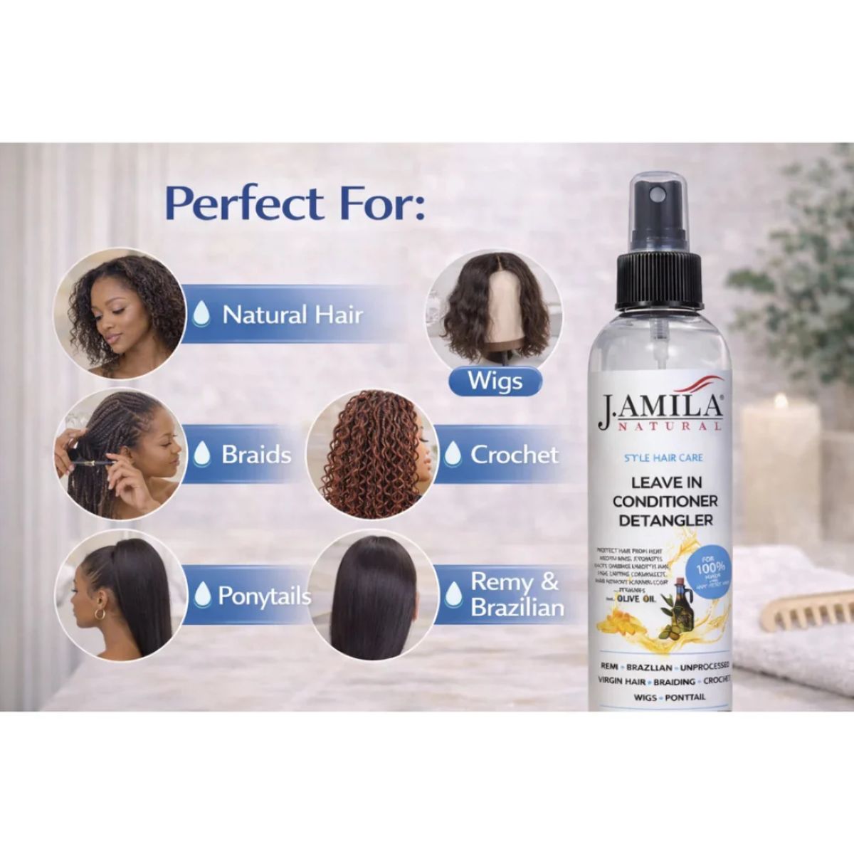 J. AMILA Natural Leave-In Conditioner &amp; Detangler Spray with Vitamin E &amp; Olive Oil – Heat &amp; UV Protection for Wigs, Braids, Natural &amp; Synthetic Hair (8 oz)