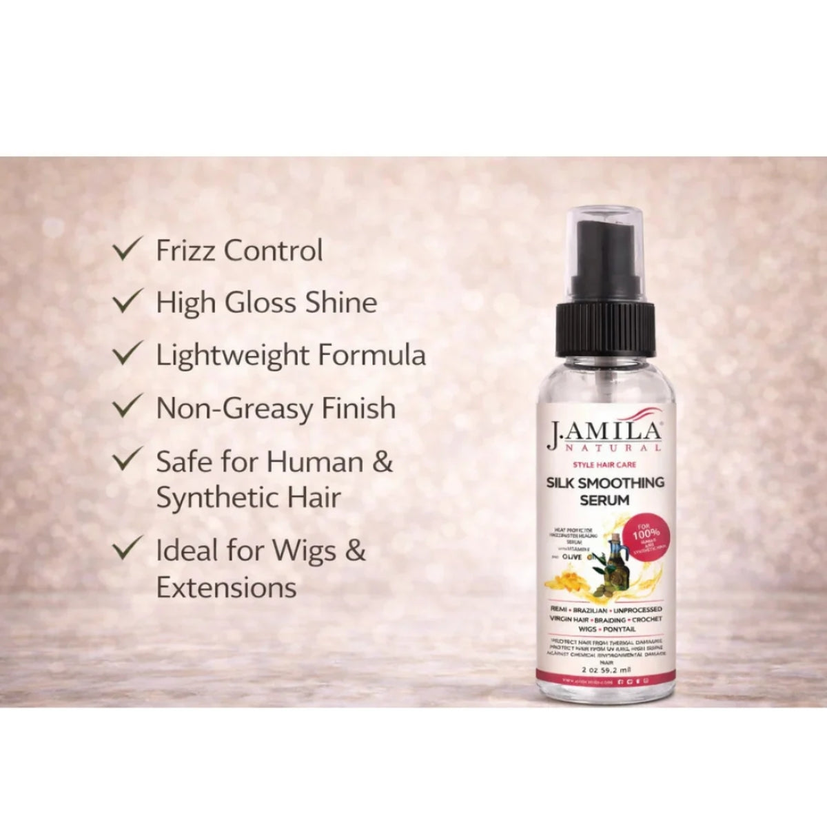 J. Amila Natural Silk Smoothing Serum with Olive Oil – Heat Protectant, Frizz Control &amp; High Gloss Shine for Natural Hair, Wigs &amp; Extensions (2 oz / 59.2 ml)