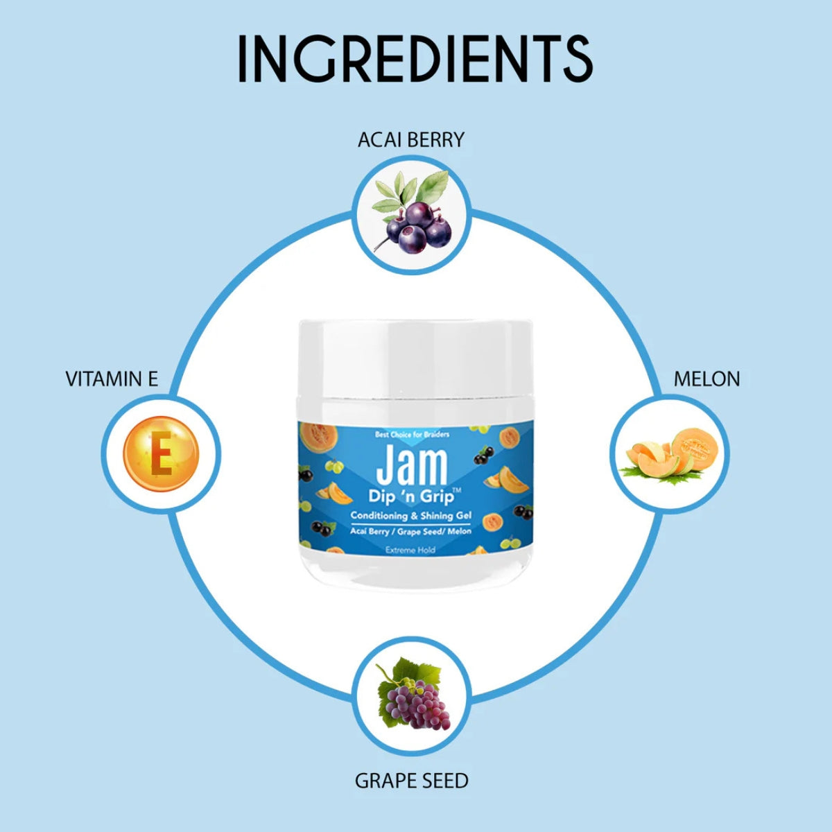 Jam Dip n Grip Conditioning &amp; Shining Gel Acai Berry/Grape Seed/Melon, Extreme Hold Hair Gel (4oz)