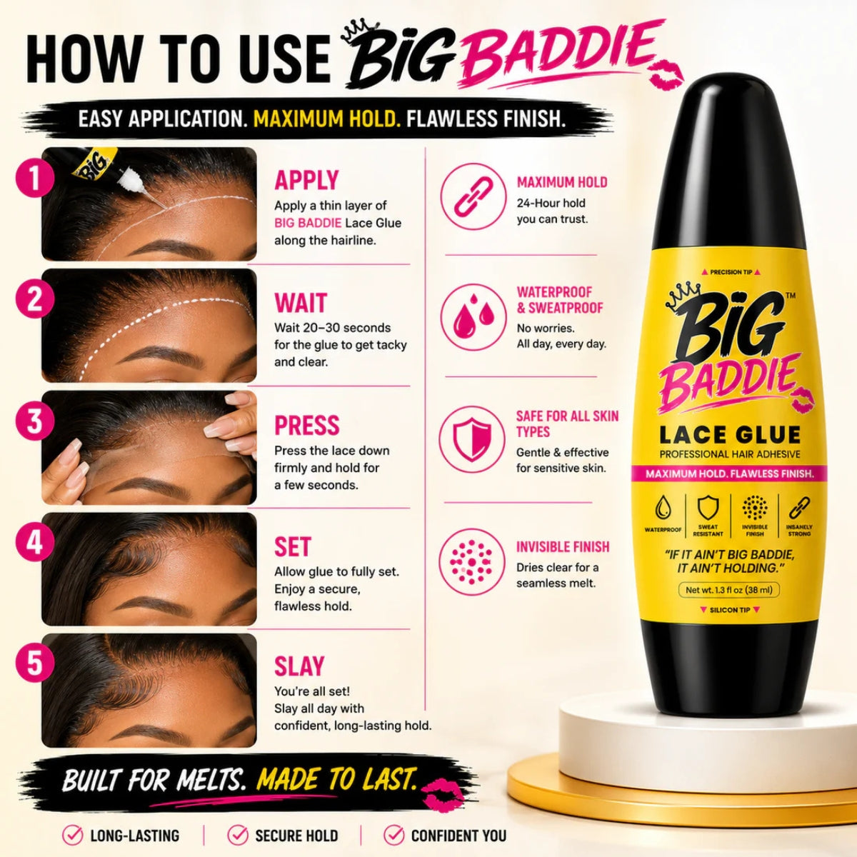 BIG BADDIE Lace Glue – Maximum Hold Waterproof Wig Adhesive with Precision &amp; Silicon Tip (1.3oz / 38mL)