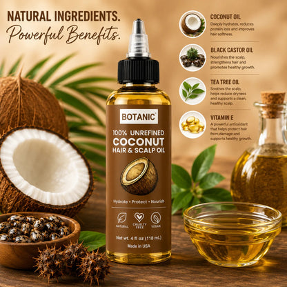 BOTANIC 100% Unrefined Coconut Hair &amp; Scalp Oil – Deep Hydration &amp; Hair Nourishment – 4 fl oz (118 mL)