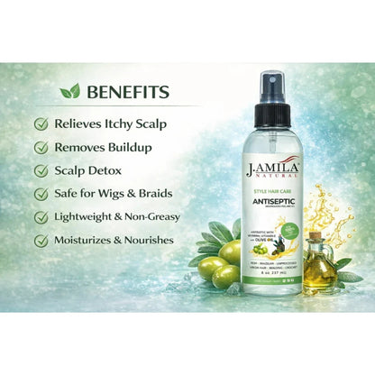 J. Amila Natural Antiseptic Spray with Olive Oil – Mentholated Scalp Relief, Itch Control &amp; Scalp Detox for Wigs, Braids &amp; Natural Hair (8 oz / 237 ml)
