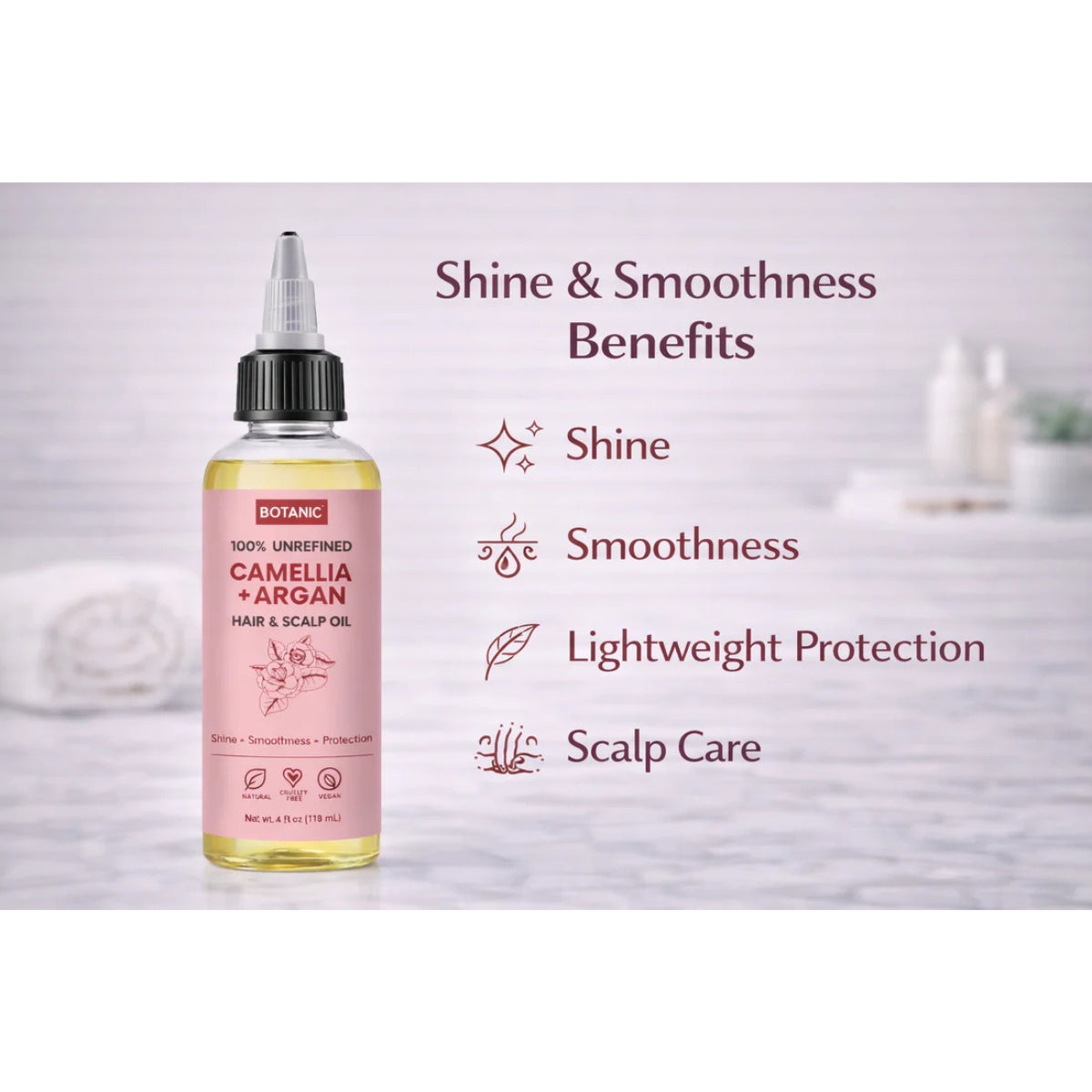 100% Unrefined Camellia + Argan Hair &amp; Scalp Oil – Shine, Smoothness &amp; Protection | Vegan, Cruelty-Free 4 fl oz (118 mL)