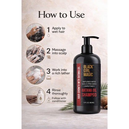 Black Girl Magic infused with gold pressed unrefined Batana hair oil shampoo, 12 Oz