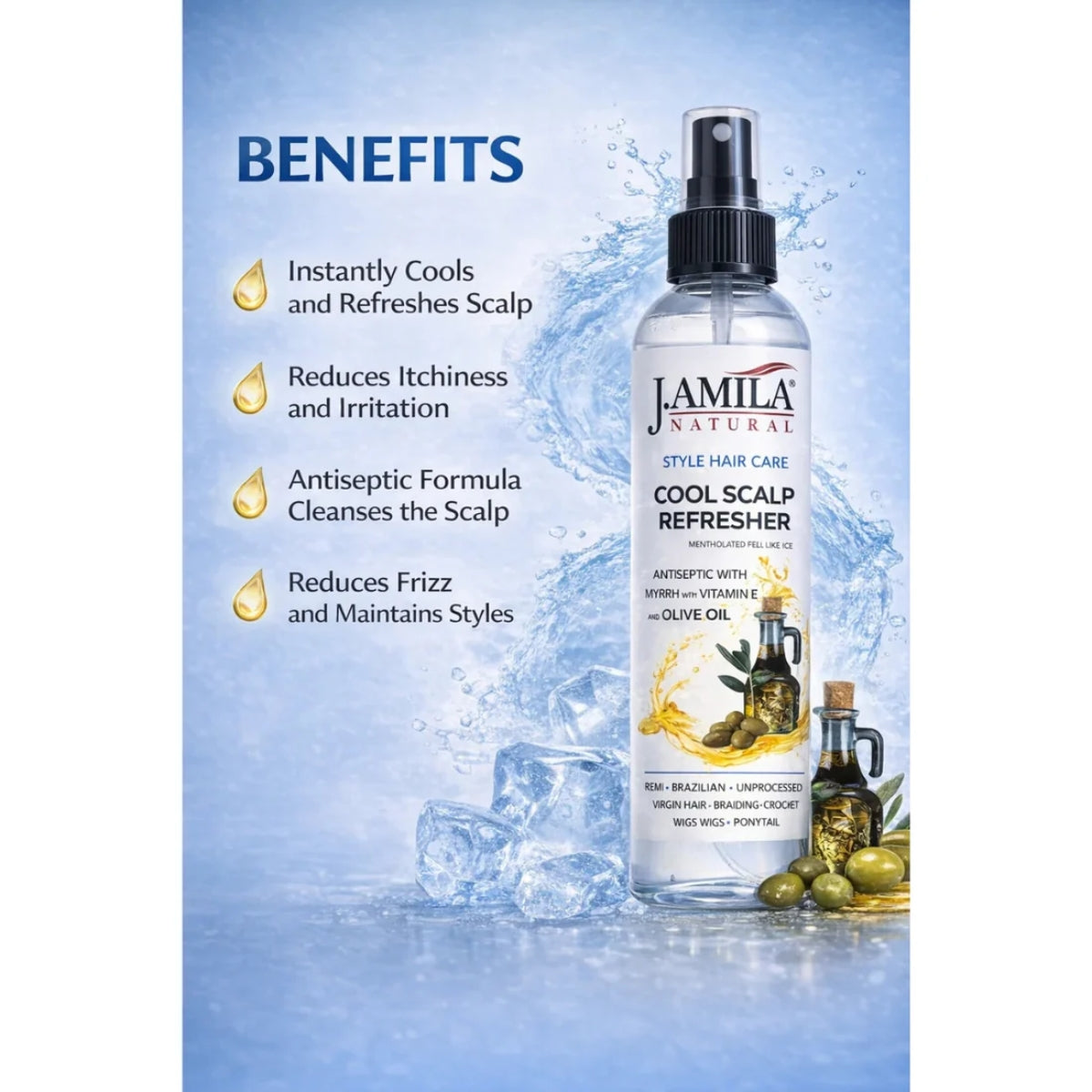 J. AMILA Natural Cool Scalp Refresher with Menthol, Myrrh, Vitamin E &amp; Olive Oil – Cooling Scalp Spray for Braids, Wigs, Natural &amp; Synthetic Hair (8 oz)