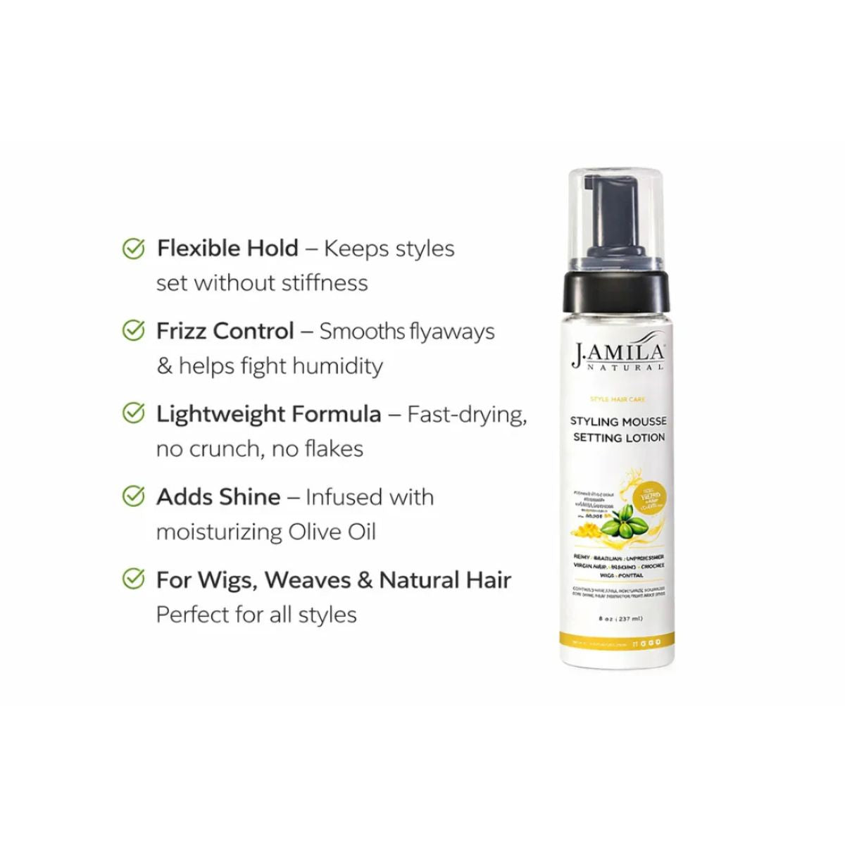 J. Amila Natural Styling Mousse Setting Lotion with Olive Oil – Flexible Hold, Frizz Control &amp; Shine – For Wigs, Weaves &amp; Natural Hair (8 oz / 237 ml)