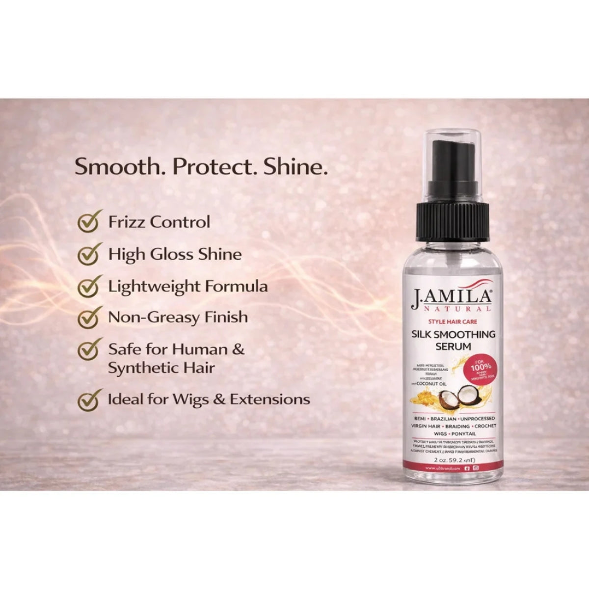 J. Amila Natural Silk Smoothing Serum with cocnut Oil – Heat Protectant, Frizz Control &amp; High Gloss Shine for Natural Hair, Wigs &amp; Extensions (2 oz / 59.2 ml)