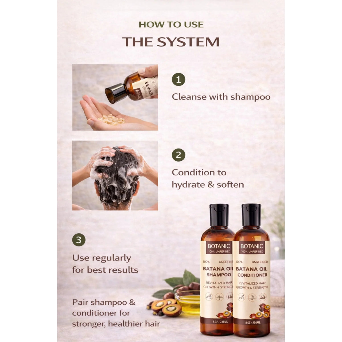 Botanic Hair Care 100% Unrefined Batana Oil Shampoo + Conditioner Bundle Complete Hair Care System 8oz