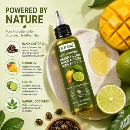 BOTANIC Mango &amp; Lime Black Castor Hair &amp; Scalp Oil – Refreshing Hair Growth Oil – 4 fl oz (118 mL)