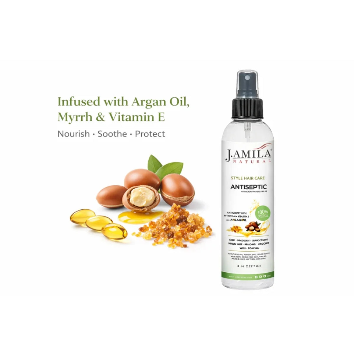 J. Amila Natural Antiseptic Spray with Argan Oil &amp; Myrrh – Scalp Relief, Itch Control &amp; Cleanse for Wigs, Braids &amp; Natural Hair (8 oz / 237 ml)