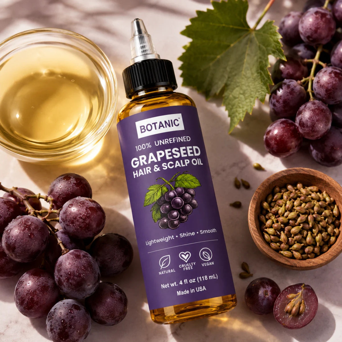BOTANIC 100% Unrefined Grapeseed Hair &amp; Scalp Oil – Lightweight Shine &amp; Smooth Hair Oil – 4 fl oz (118 mL)