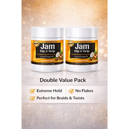 Jam Dip n’ Grip Extreme Hold Hair Gel – Conditioning &amp; Shining Gel with Coconut &amp; Argan Oil Pack of 2 8oz