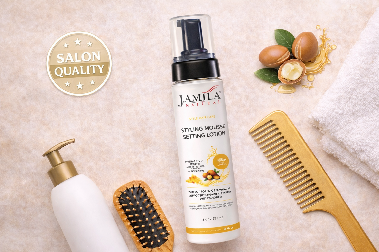 Amila Natural Styling Mousse Setting Lotion with Argan Oil – Flexible Hold, Frizz Control &amp; Shine – For Wigs, Weaves &amp; Natural Hair (8oz)