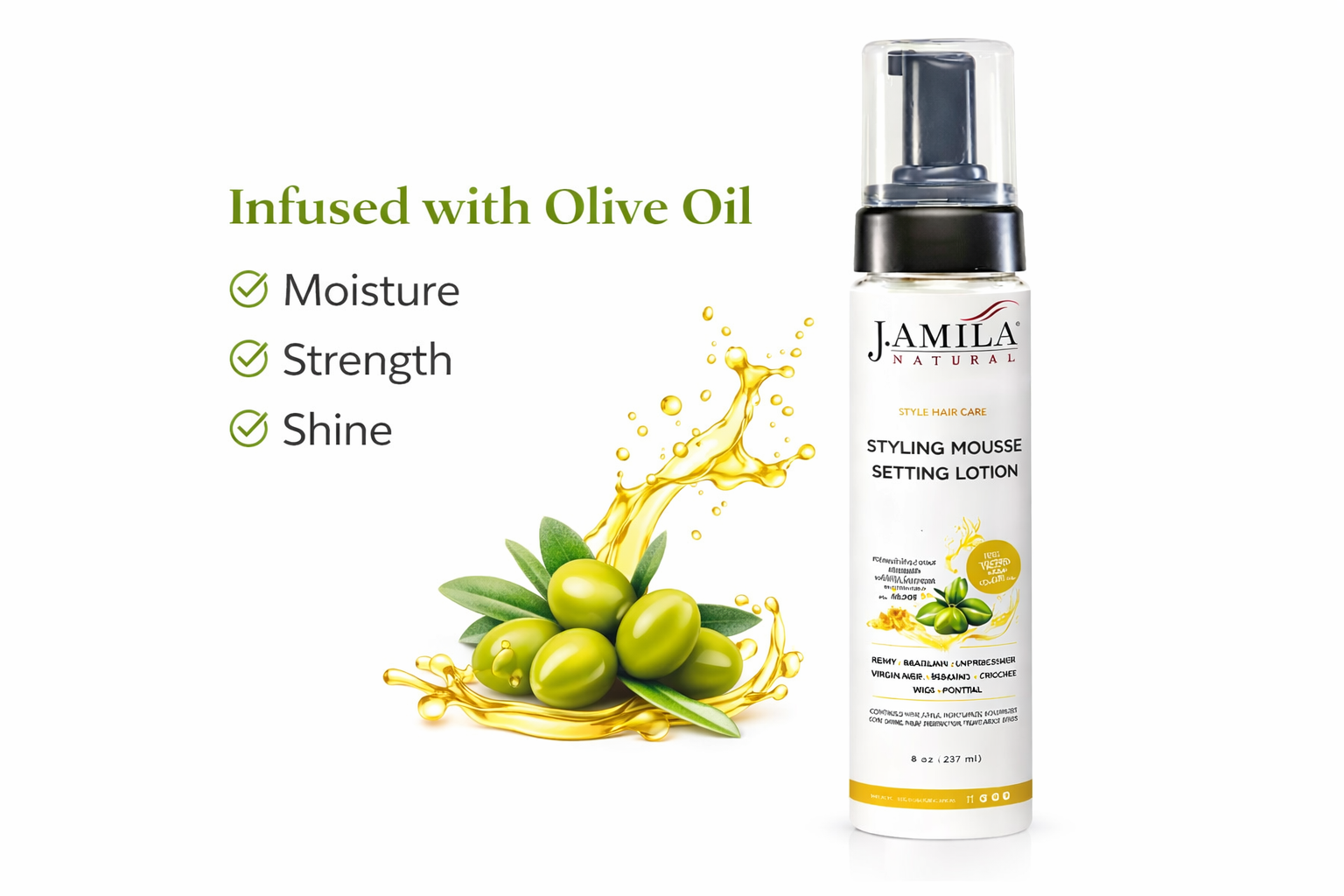 J. Amila Natural Styling Mousse Setting Lotion with Olive Oil – Flexible Hold, Frizz Control &amp; Shine – For Wigs, Weaves &amp; Natural Hair (8 oz / 237 ml)