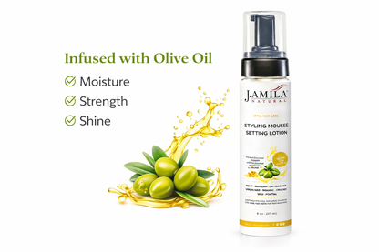 J. Amila Natural Styling Mousse Setting Lotion with Olive Oil – Flexible Hold, Frizz Control &amp; Shine – For Wigs, Weaves &amp; Natural Hair (8 oz / 237 ml)