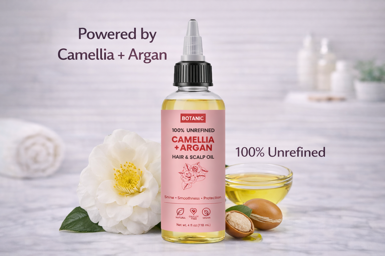 100% Unrefined Camellia + Argan Hair &amp; Scalp Oil – Shine, Smoothness &amp; Protection | Vegan, Cruelty-Free 4 fl oz (118 mL)