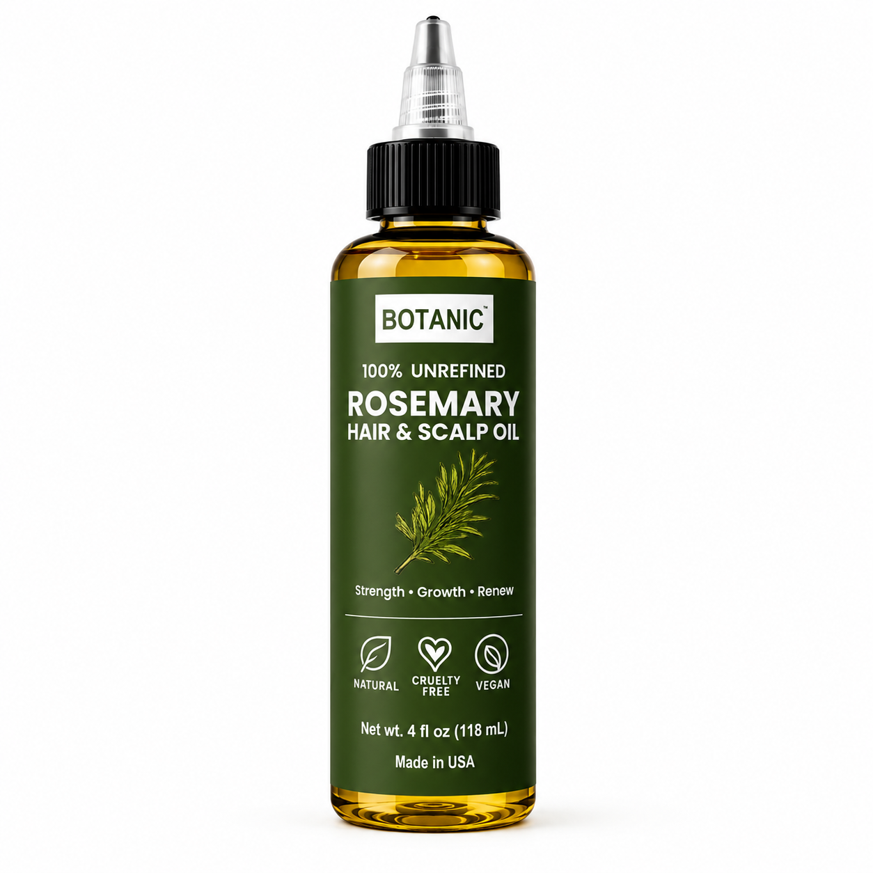 BOTANIC 100% Unrefined Rosemary Hair &amp; Scalp Oil – Hair Growth &amp; Scalp Nourishing Treatment – 4 fl oz (118 mL)