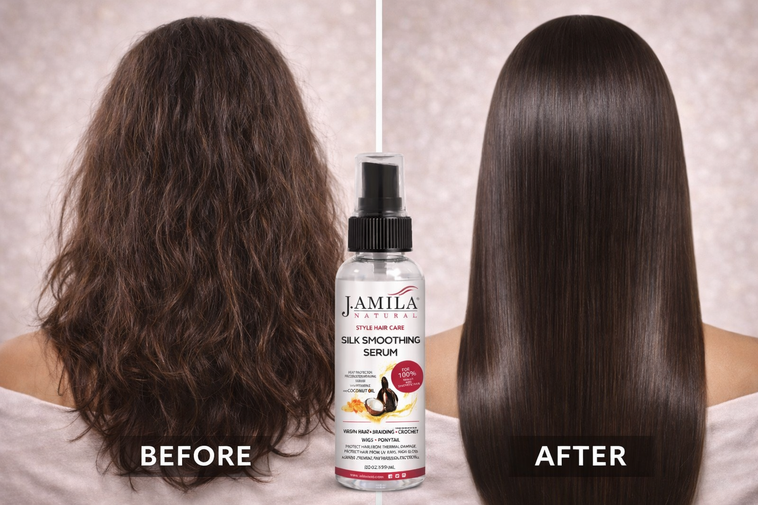 J. Amila Natural Silk Smoothing Serum with cocnut Oil – Heat Protectant, Frizz Control &amp; High Gloss Shine for Natural Hair, Wigs &amp; Extensions (2 oz / 59.2 ml)