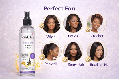 J. AMILA Natural Oil Free Sheen Spray with Vitamin E &amp; Olive Oil – Lightweight Shine, Heat &amp; UV Protection for Wigs, Braids &amp; Natural Hair 8 oz 237 ml