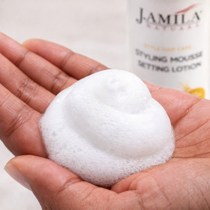 J. Amila Natural Styling Mousse Setting Lotion with Coconut Oil – Flexible Hold, Frizz Control &amp; Shine – For Wigs, Weaves &amp; Natural Hair (8oz)