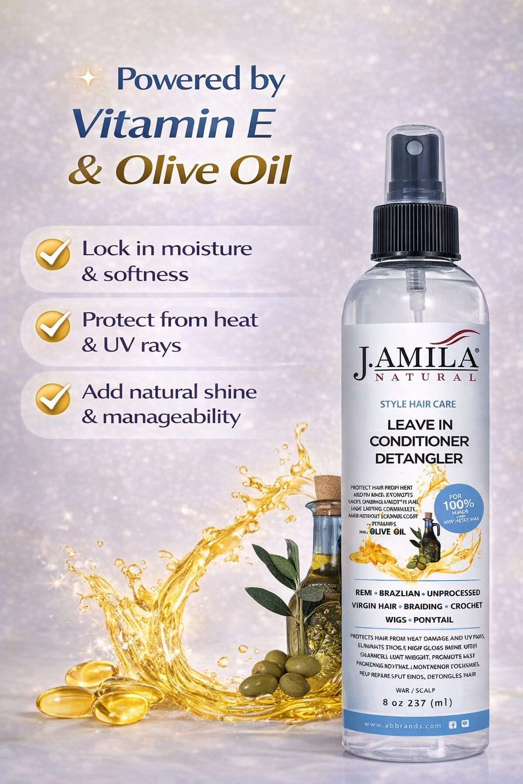 J. AMILA Natural Leave-In Conditioner &amp; Detangler Spray with Vitamin E &amp; Olive Oil – Heat &amp; UV Protection for Wigs, Braids, Natural &amp; Synthetic Hair (8 oz)