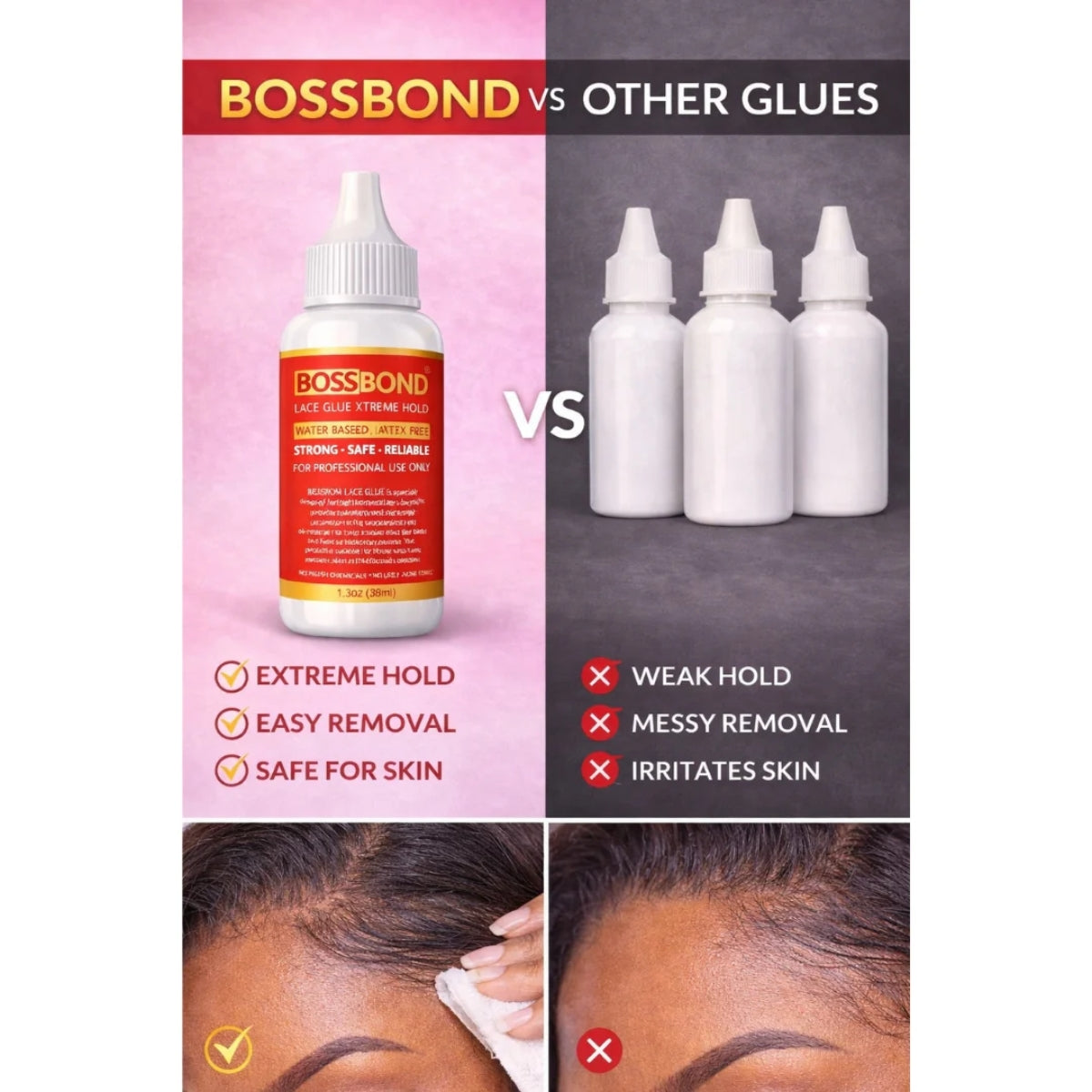 BossBond Lace Glue Xtreme Hold Water-Based, Latex-Free Wig &amp; Lace Adhesive 1.3 Oz
