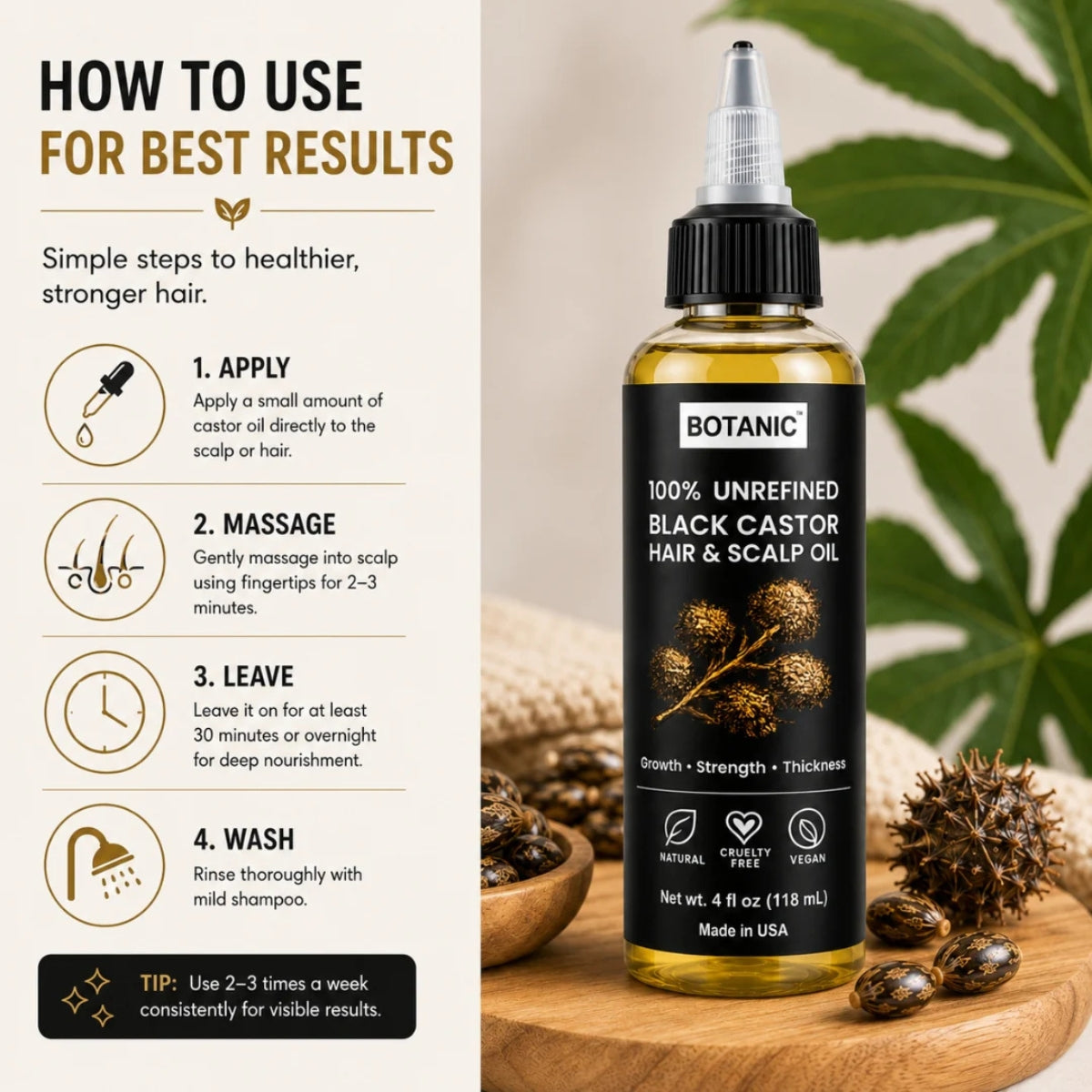 BOTANIC 100% Unrefined Black Castor Hair &amp; Scalp Oil – Hair Growth &amp; Thickness Treatment – 4 fl oz (118 mL)