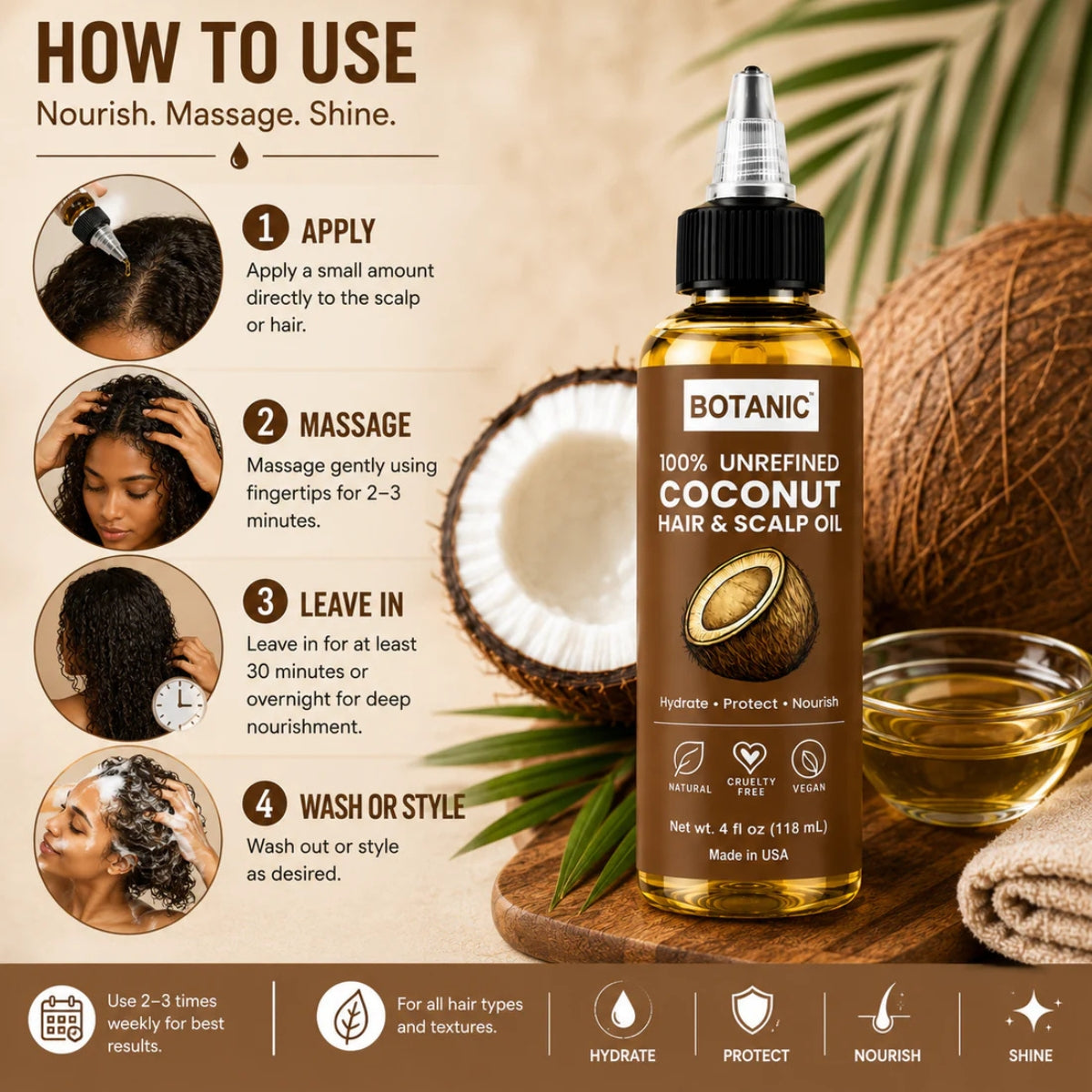 BOTANIC 100% Unrefined Coconut Hair &amp; Scalp Oil – Deep Hydration &amp; Hair Nourishment – 4 fl oz (118 mL)